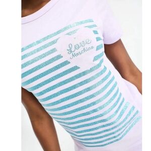 🆕️ Love Moschino Teal Foil Stripe Logo T-shirt White Size 2 Fairy Grunge